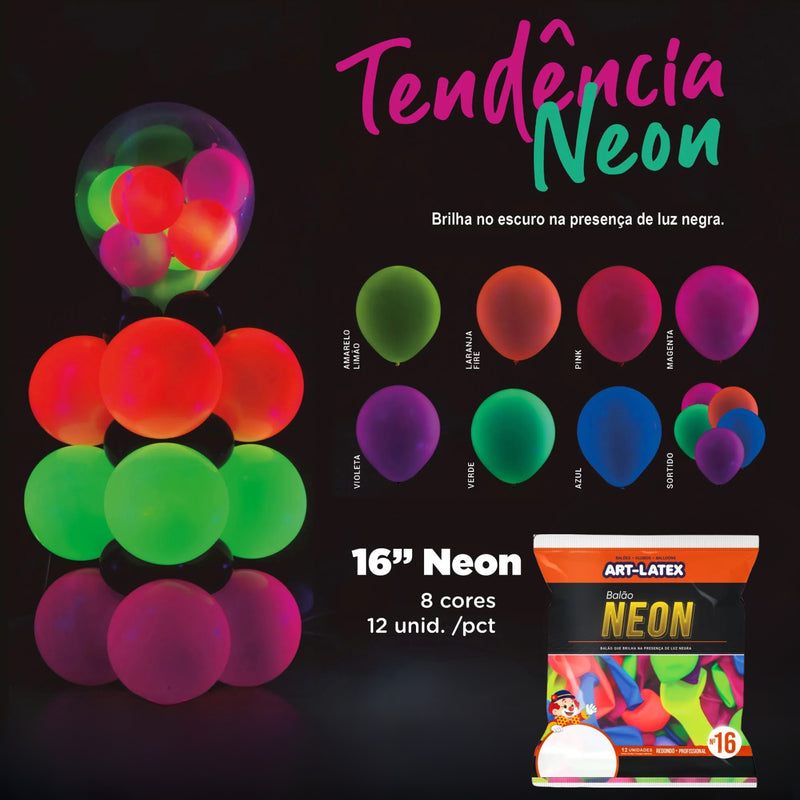Art Latex Balão Neon 16" Sortido com 12 Unidades