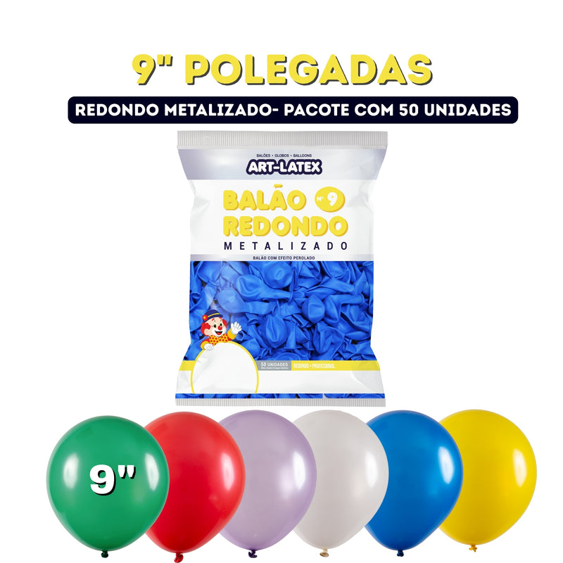 Art Latex Balão Redondo Metalizado 9" Pacote com 50 Unidades