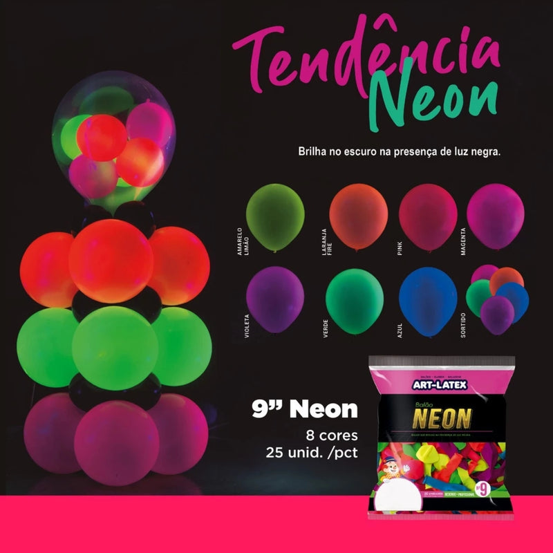 Art Latex Balão Neon 9'' Pacote com 25 Unidades